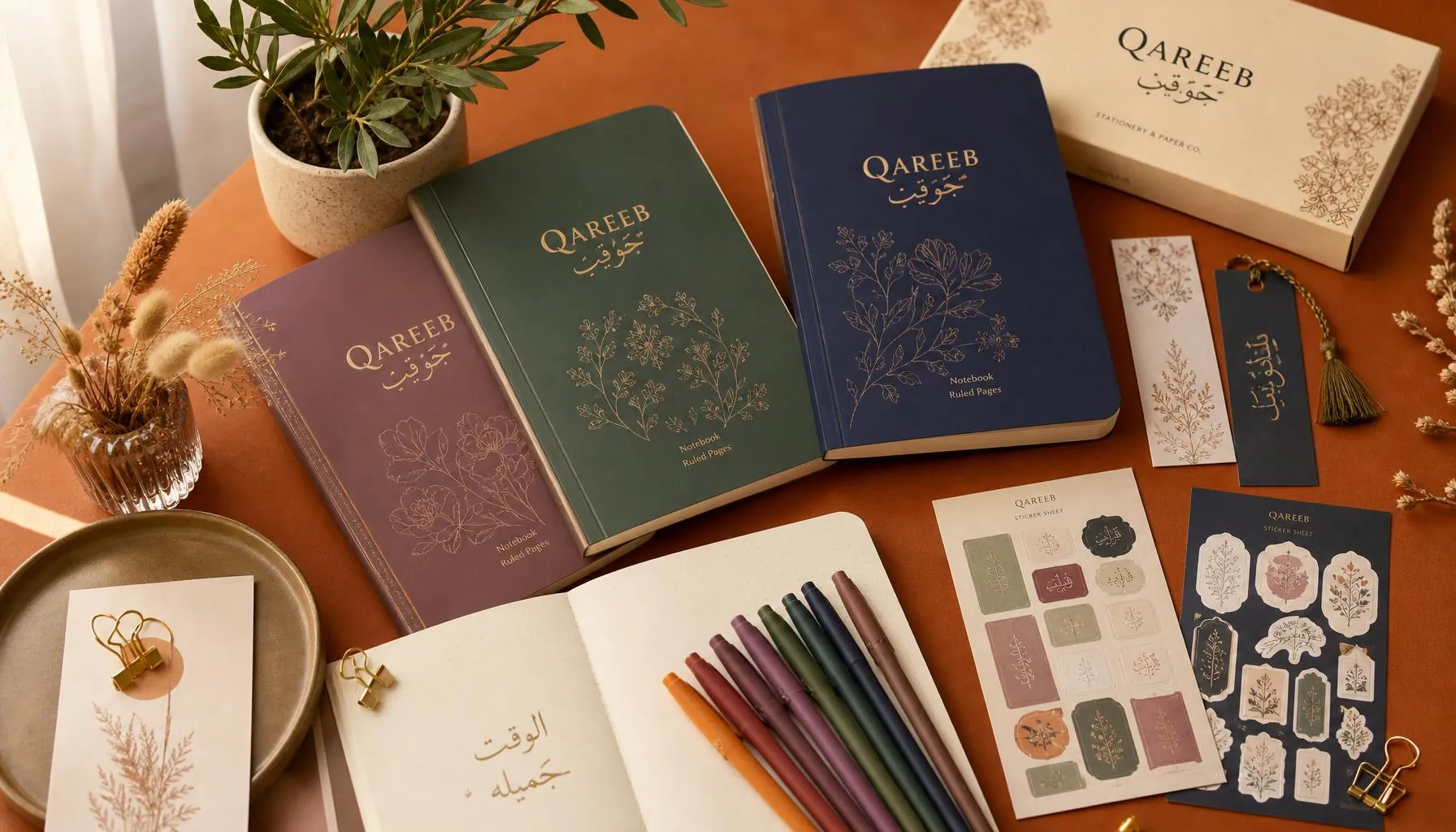 Composition de papeterie Qareeb avec carnets et accessoires de prise de notes