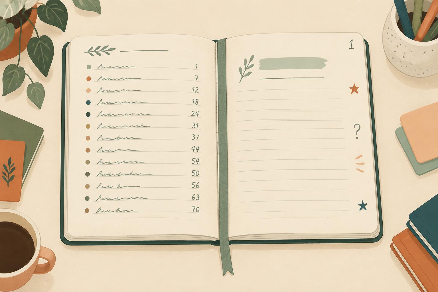 Exemple d'organisation d'un carnet de notes avec index, pages numérotées et repères visuels.