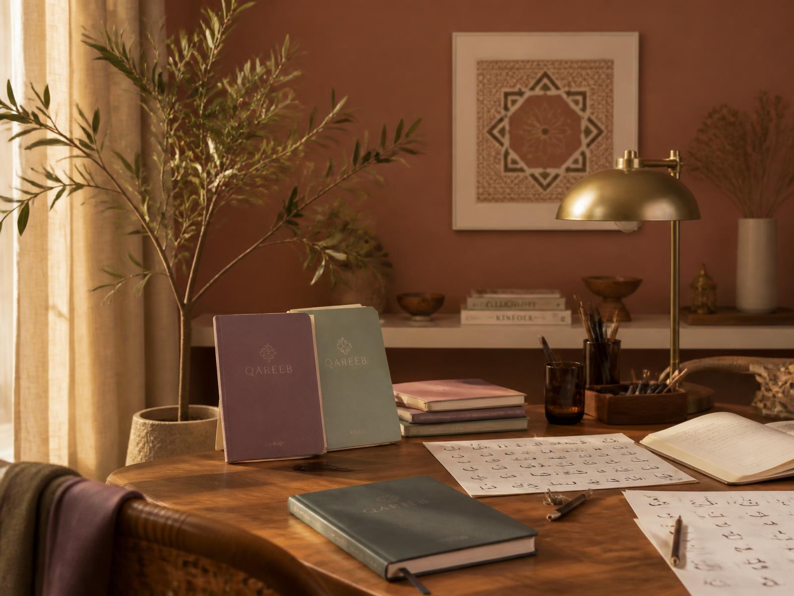 Atelier Qareeb avec carnets, calligraphie et lumière dorée